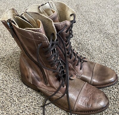 BED STU Double Zip Leather Boots Lace Up Brown Size 8 Bench Made Artisan