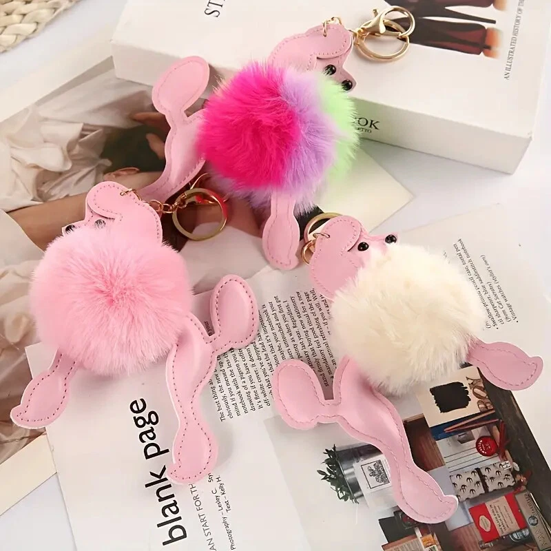 One Poodle Fur Ball Key Chain Pink Puff Puppy Hair Bag Pendant