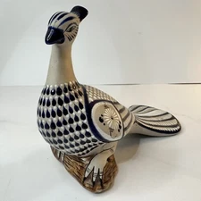 Large Mexican Tonala Pheasant Bird Blue White Hand Painted Textured Folk Art