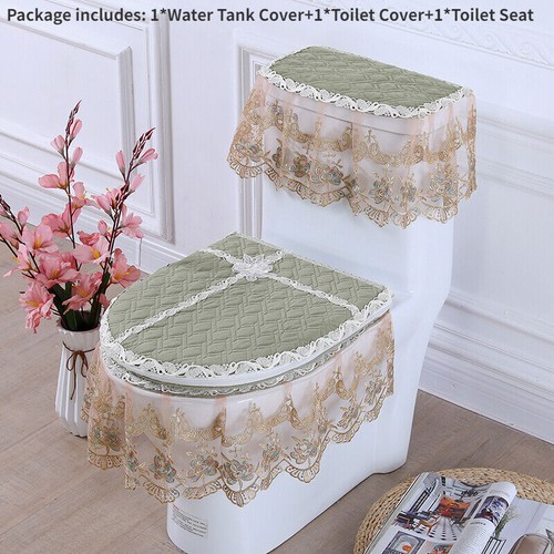 3Pcs European Toilet Seat Cover Water Tank cover Zipper Lace Lid Pad Bathroom - Picture 1 of 21