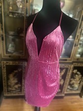 Forever 21 Pink Velvet Sequin Dress Low V Neck Criss Cross Spaghetti Strap NWT M