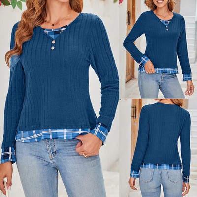 Damen Kariert Langarm Tops Freizeit Hemd Oberteile Bluse T-Shirt Langarmshirt