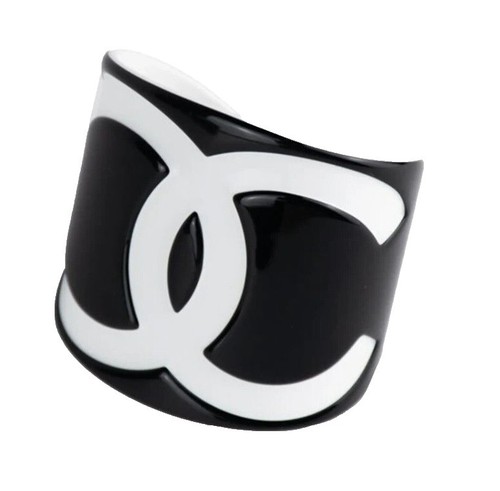 Vintage CHANEL CC Logo Pink White Resin Wide Cuff Bracelet Bangle
