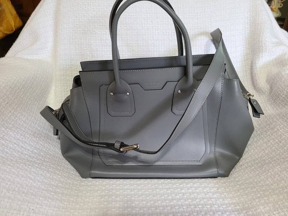 Nicoli Gray Leather Top Handle Satchel Quiet Luxury Handbag - Image 3 of 4