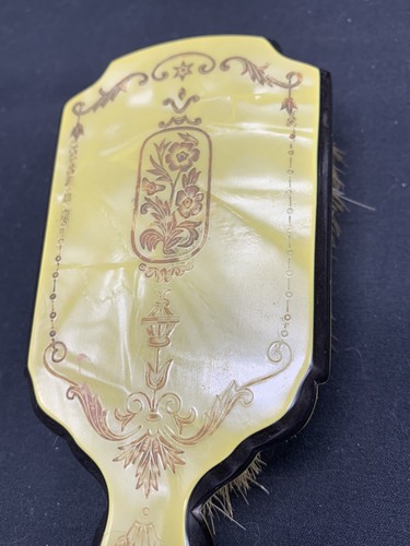 Hand Held Mirror & Brush Set Beveled Pearlized Embossed Amber Vanity Dresser - Afbeelding 10 van 12