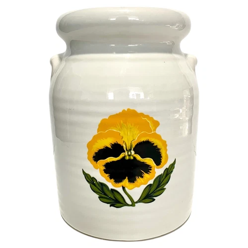 Harris Pottery White Glaze Pansy Crock Utensil Holder. 7 5/8" Tall