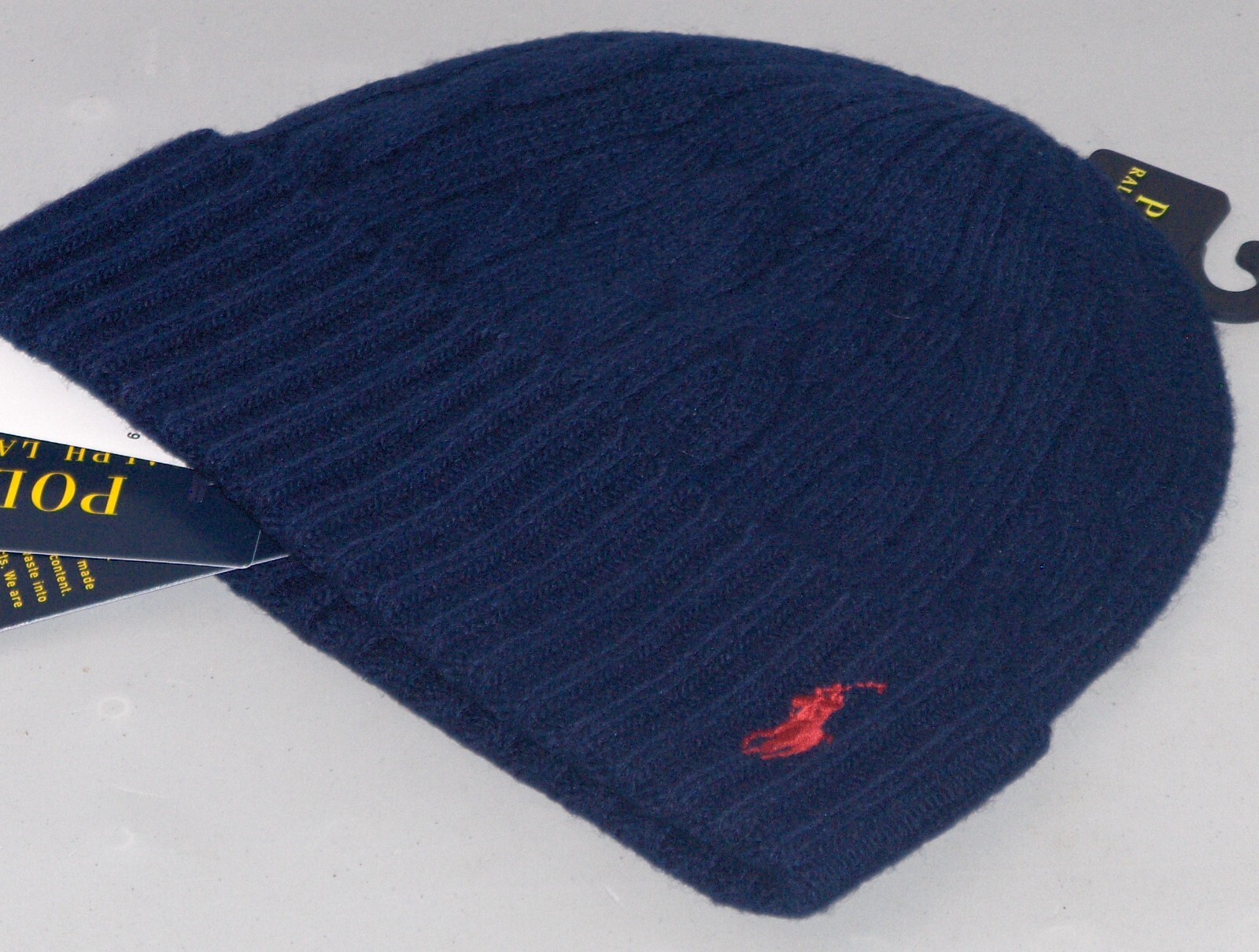 POLO RALPH LAUREN Cappello Uomo Lana Maglia Cavi Pony Beanie Berretto Sci BLU NAVY Nuovo con etichette