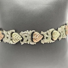 Tri-Tone Leaf Design Sterling Silver Tennis Bracelet 7in (18.46g)