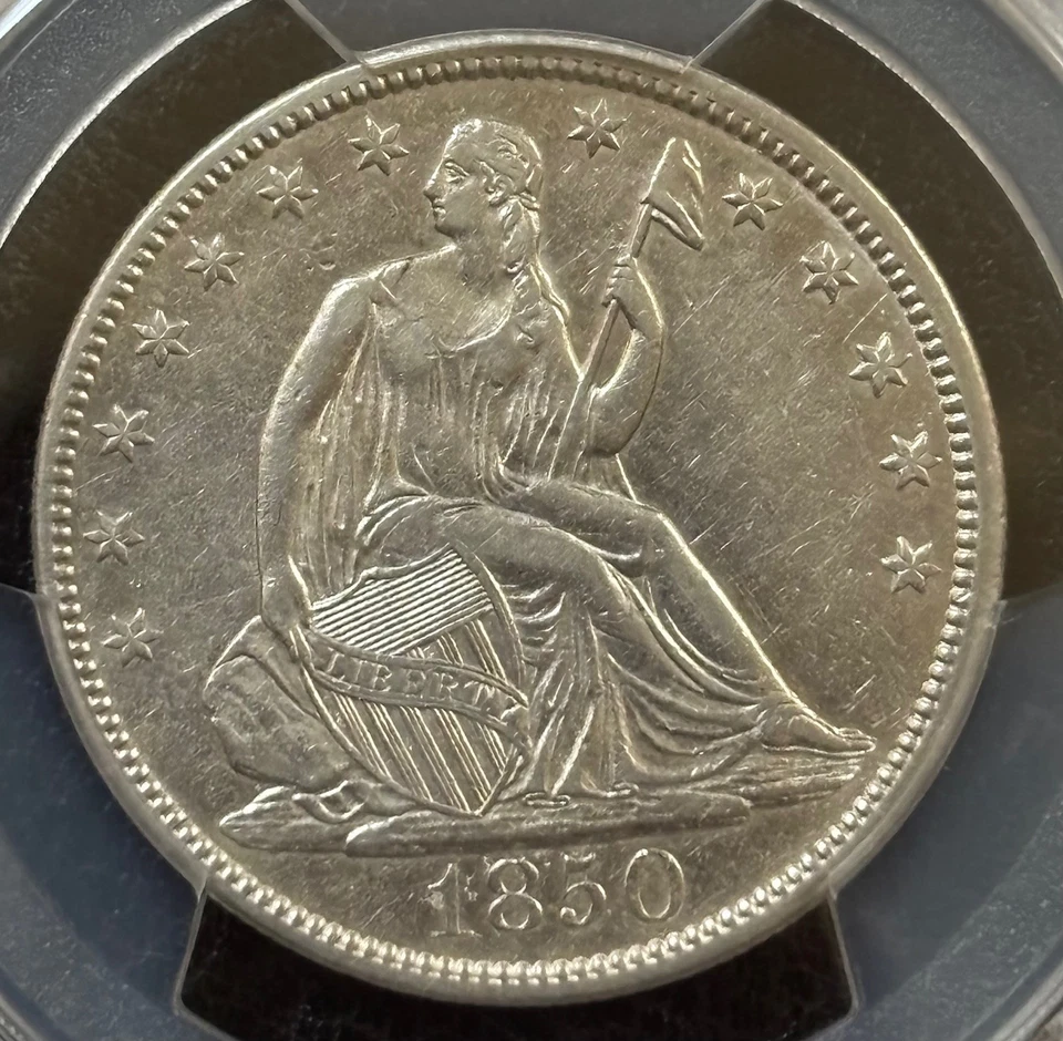 Medio dólar libertad sentada 1850 50C - PCGS genuino XF detalle limpiado (#1003) Foto 4 de 4