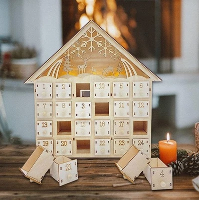 Advent calendar made of wood to fill with Christmas decorations, some with LED ！
