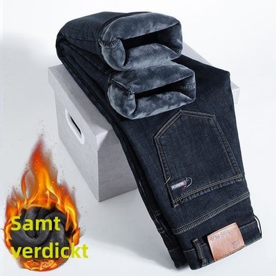 Herren Winter Thermo-Jeans Fleece gefüttert Stretch Straight Denim Pant Leg-Hose