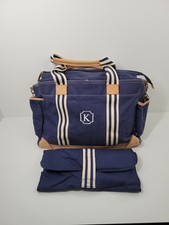 POTTERY BARN KIDS Navy Blue Canvas Leather Monogram Baby Duffle Tote Diaper Bag