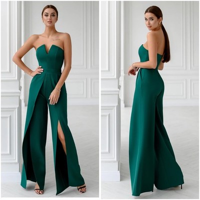 Elagia Emerald Green Strapless Wide Leg Jumpsuit with Front Slit Overlay Large