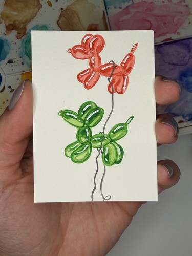 ACEO Original Watercolor Painting 2.5x3.5in -Two Balloon Dog Flying- Mini Art