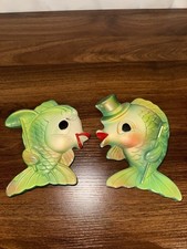 Vtg Miller Studio Chalkware Kissing Fish Anthropomorphic Wall Art Plaques Green