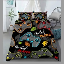 NWOT Vibrant Gamer Controller Themed Bedding 3 Pc Set Duvet Cover W/ Pillowcases