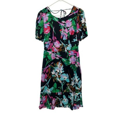 New Milly Liora neon floral silk satin dress short sleeve midi  NWT womens SZ 8