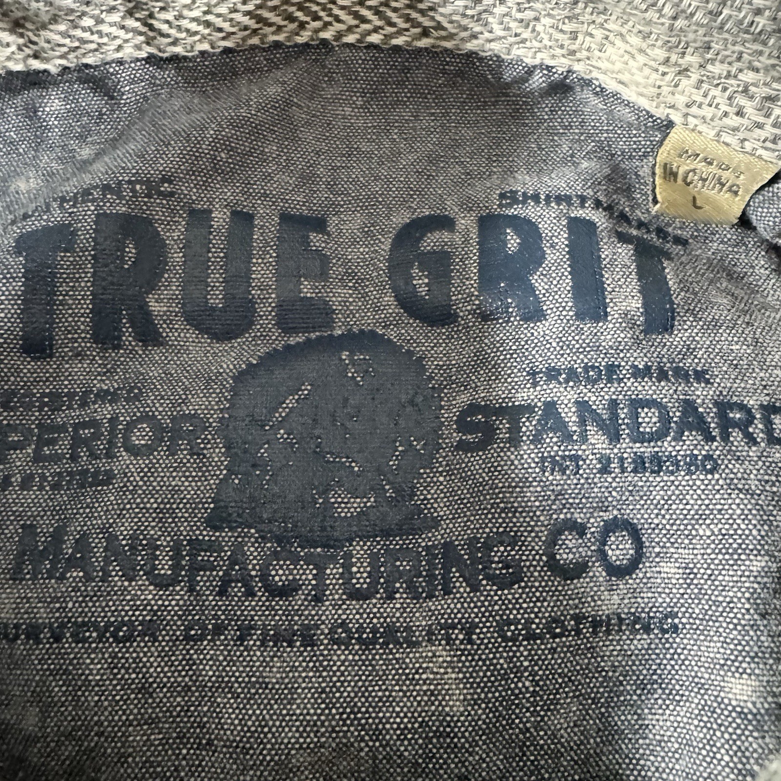 Mens L True Grit Beige / Green Plaid Cotton Flannel Shirt