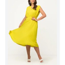 Ulla Popken Yellow Pleated Chiffon Midi Dress Sleeveless Tie Waist Size 24 Plus