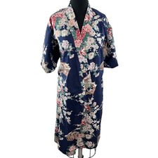 Oriental Bazaar Japan Made Blue Floral Cotton Kimono Robe Short Sleeve 40" OS