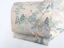 Japanese Vintage Fukuro-Obi Silk Rokutsu Gold Thread Crane pattern eb-1100