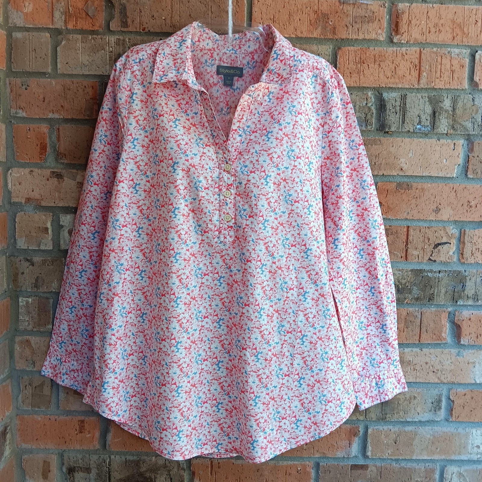 Style & Co. Womens Top Blouse Popover Long Sleeves White Pink Floral Size M