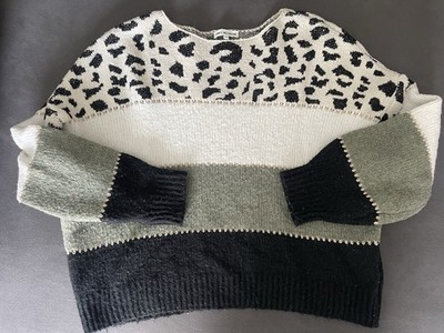 JS Millenium Damen Strickpullover Leo-Muster  Blockstreifen Khaki Schwarz M/38