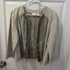 Chicos Women Size L 2 Linen Beaded Open Front Jacket Blazer Beige Boho Artisan