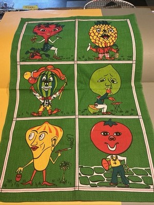 The Garden Gang Baumwolle Waffel Geschirrtuch seltene Neuheit Obst Gemüse 70er 80er Jahre