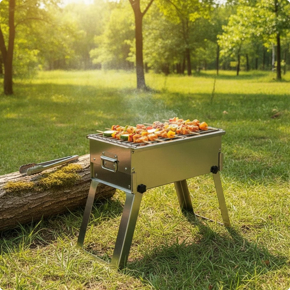 Barbecue Portable avec Pieds Pliables Inoxydable Gril à Charbon Amovible - Photo 1/1