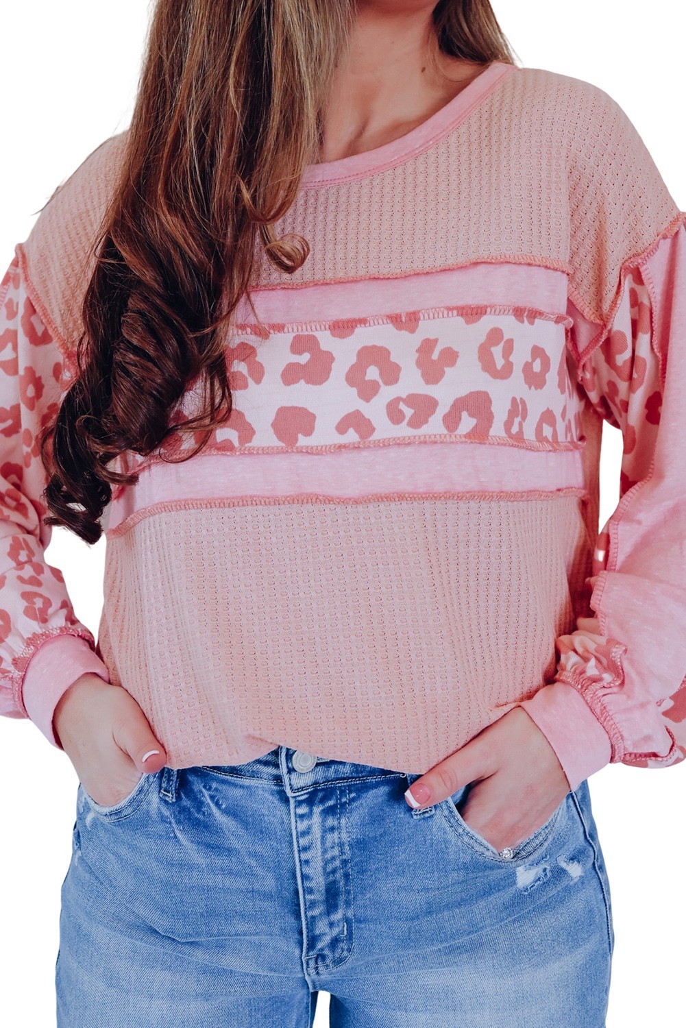Pink Leopard Patchwork Top L Exposed Seam Waffle Knit Long Sleeve UK Size 14 image 6