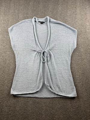 August Silk Women's M Medium Blue Knit Wrap Top Cap Sleeve Tie Front Silk Blend