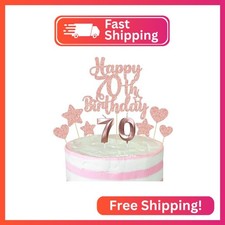 Gyufise 15Pcs Happy 70th Birthday Cake Topper Set with Heart Star Glitter Cheers