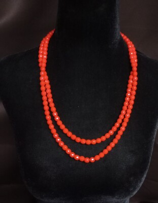 Stunning Multifaceted Brilliant Red 2 Strand Coral Glass Bead Necklace  Hard...