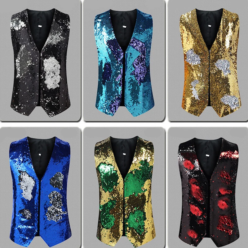 Men Reversible Two Tone Sequin Waistcoat Gilet Shiny Glitter Wedding Party Dance - Image 3 of 4