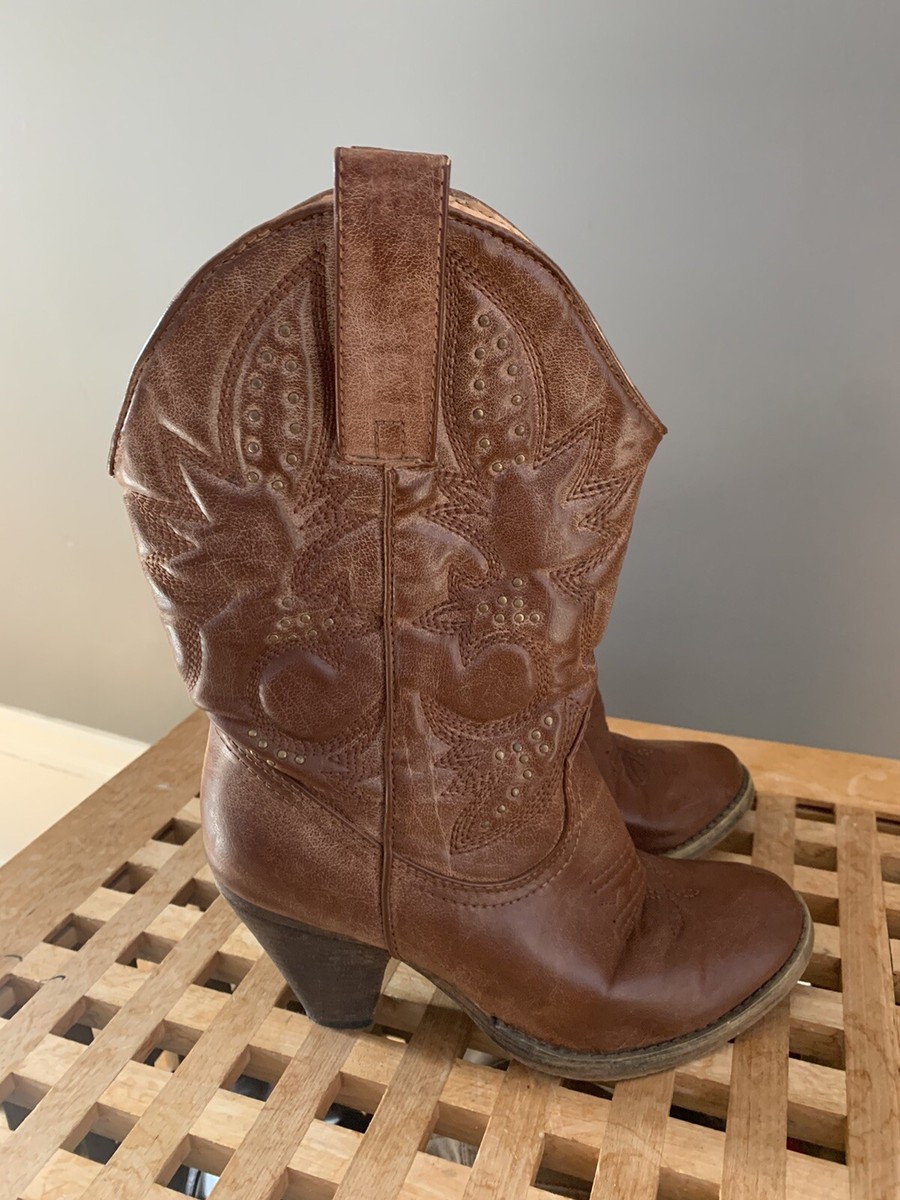 Bottes De Cowgirl En Cuir Brut Marron Very Volatile - Talon Bloc, Taille Medium