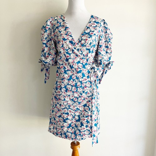 Zara Small Wrap Dress Floral Print Puff Sleeves Blue Pink Mini Short Spring - 第 1/8 張圖片