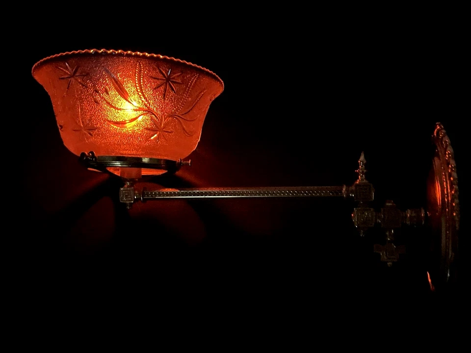 CONVERTED Antique Vtg Gas Wall Sconce Victorian Arts & Crafts Deco Brass & Glass - Image 4 of 4