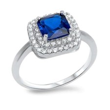 Halo Blue Sapphire  Cz .925 Sterling Silver Ring