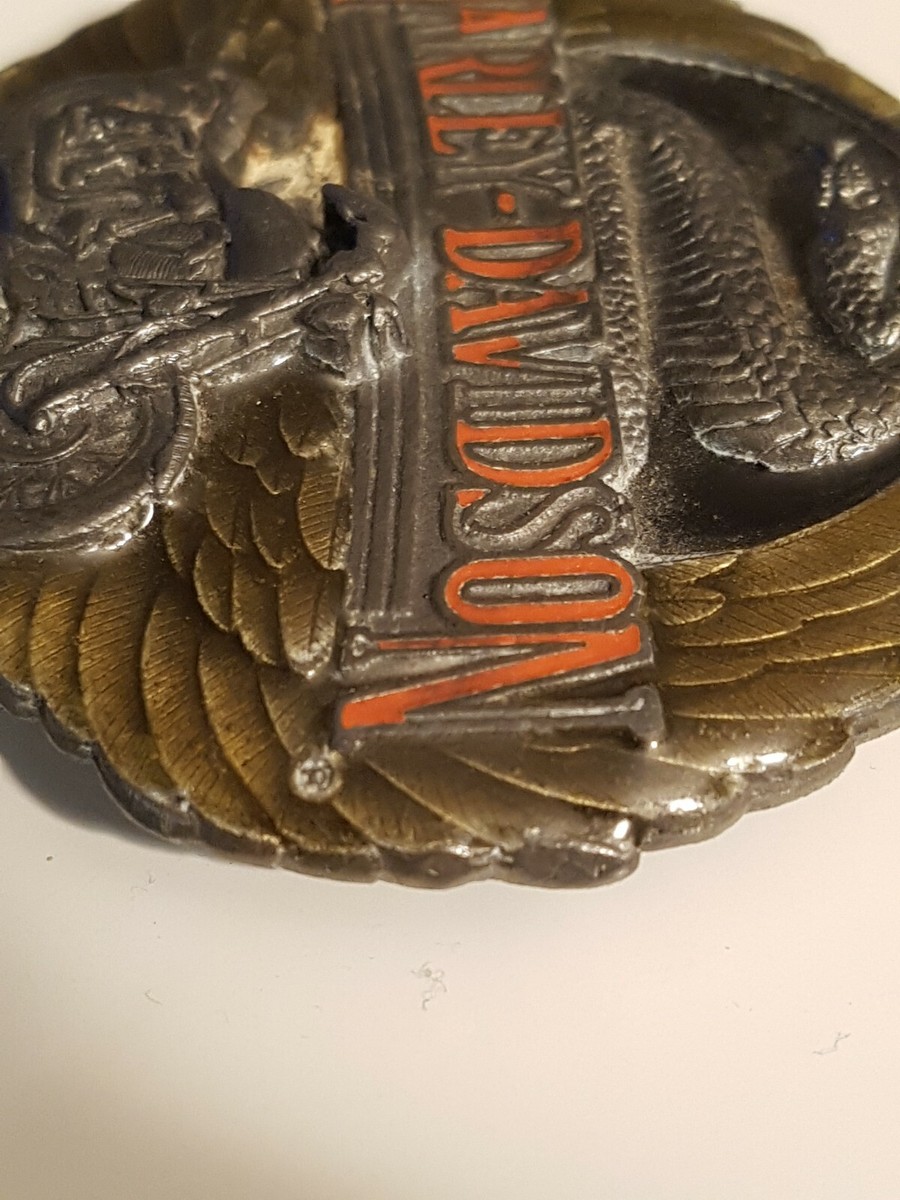 Boucle De Ceinture Vintage Harley-Davidson 1991 - Motif Serpent, Ailes Et Moto - Métal, Taille 8,5x7 Cm