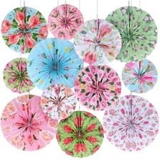 12 Pcs Tea Floral Party Hanging Paper Fans Paper Floral Tea Party Decorations...