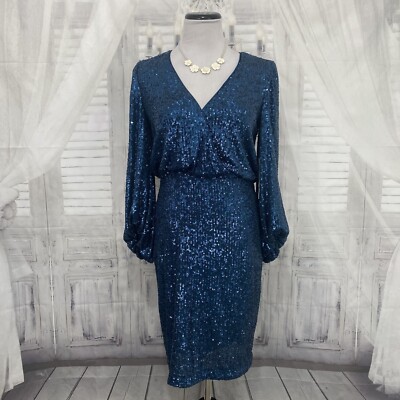 eliza j sequin blouson cocktail dress Sz 6 Peacock Blue Balloon 3/4 Sleeves B21 Charactopia07 SIZE:46 Tulipcut Infinity Wrap Dress aurora cosplay dress Dry clean only.