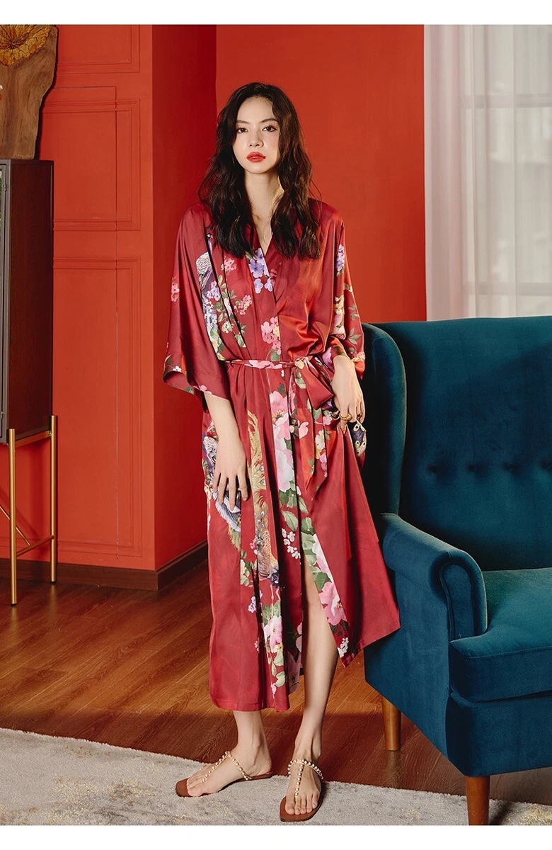 Satin Chinese Japanese Luxurious Red Peacock Prints Trim Kimono