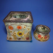 FRESH FIELDS Pressed Flowers Acrylic Tissue Cover And Cotton Jar Bathroom Decor