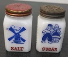 Vintage Hazel Atlas Blue Dutch Girl & Boy White Milk Glass SUGAR SALT Shaker