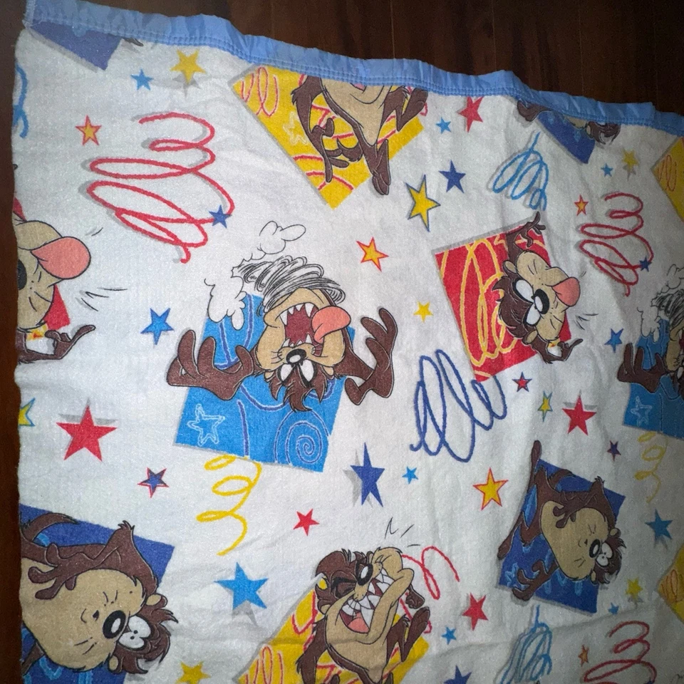 Manta de bebé vintage Looney Tunes Taz años 90 azul satinado 57x42 hecha en EE. UU. Foto 2 de 4