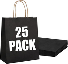 25Pcs 8.3X4.3X10 Inch Medium Black Paper Bags with Handles Bulk, Kraft Paper Gif