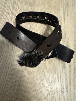 Harley-Davidson Men s Brown Leather Belt Braided Trim Metal Logo Buckle 30  NWT