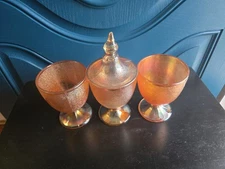 Vintage Set of 3 Imperial/Jeannette Marigold Carnival Crackle Glass