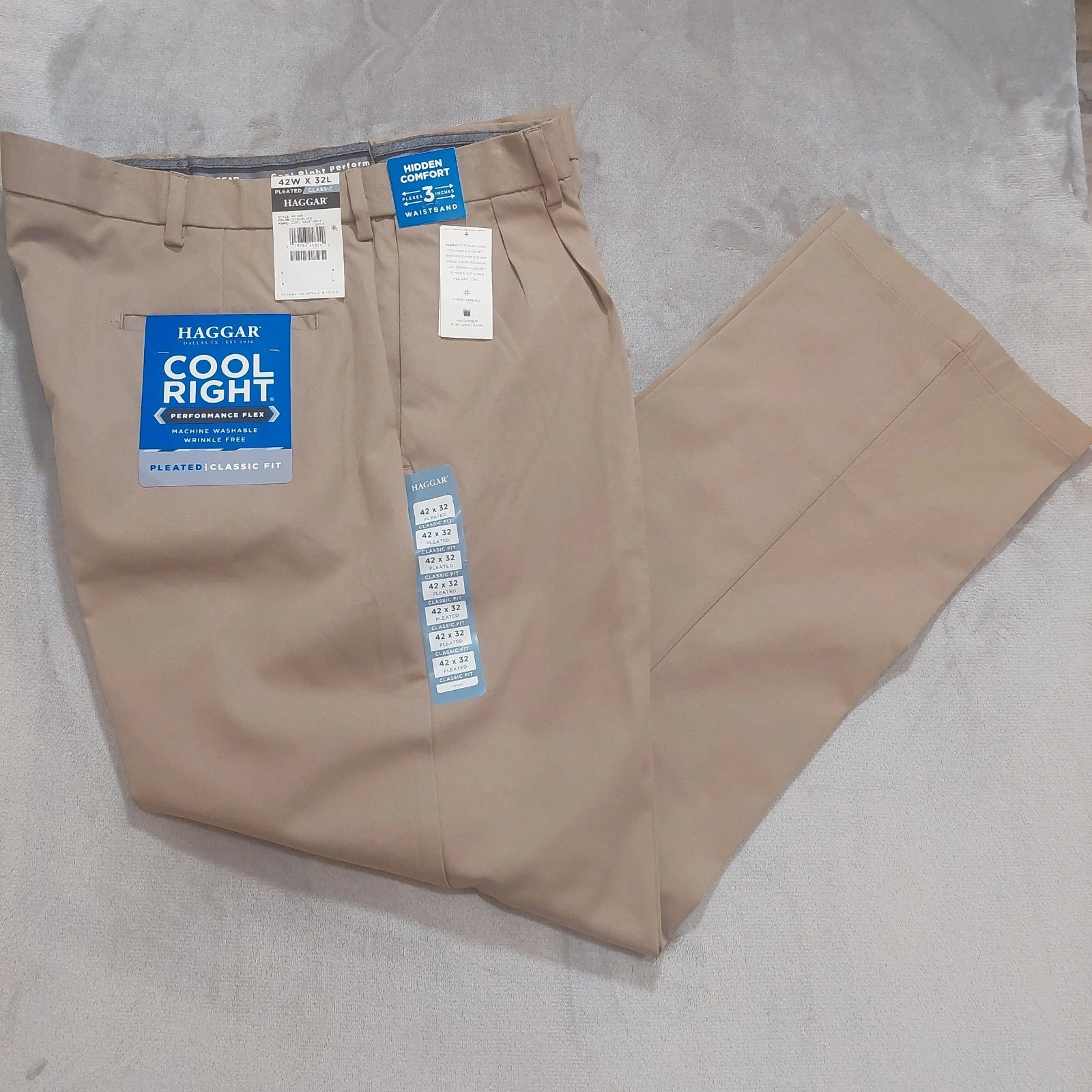 HAGGAR Dress Pants 42x32 Cool Right Golf Pleated Hidden Flex Expandable Waist